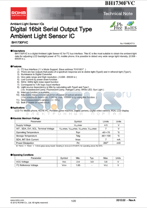 BH1730FVC datasheet - Digital 16bit Serial Output Type Ambient Light Sensor IC