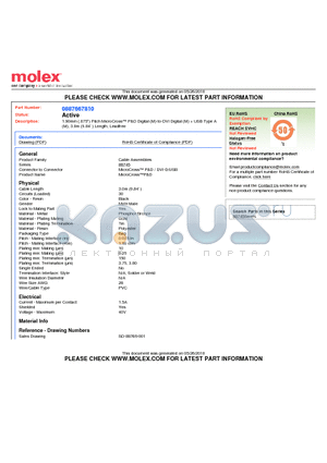 0887667810 datasheet - 1.90mm (.075) Pitch MicroCross P&D Digital (M)-to-DVI Digital (M)  USB Type A (M), 3.0m (9.84) Length, Leadfree