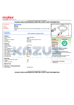 0887632500 datasheet - 2.00mm (.079) Pitch IEEE 1394 6-Pin-to-6-Pin Cable Assembly, 1.0m (3.28 ) Length, Length