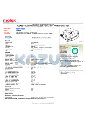 0887670600 datasheet - 0.50mm (.020) Pitch HDMI*(F) To 1.90mm (.075) Pitch DVI-D(M) Adapter