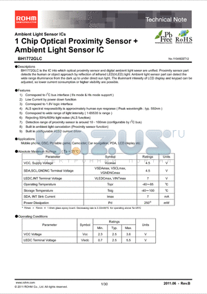 BH1772GLC datasheet - 1 Chip Optical Proximity Sensor  Ambient Light Sensor IC