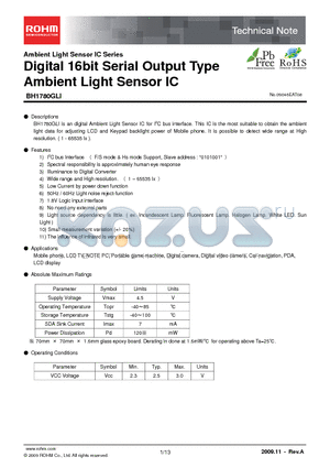 BH1780GLI-E2 datasheet - Digital 16bit Serial Output Type Ambient Light Sensor IC