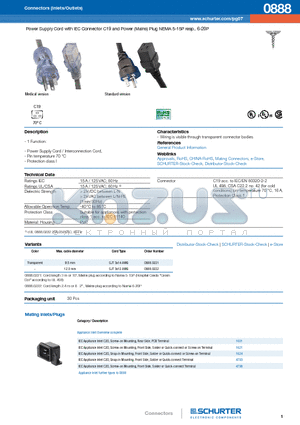 0888 datasheet - Power Supply Cord with IEC Connector C19 and Power (Mains) Plug NEMA 5-15P resp.. 6-20P