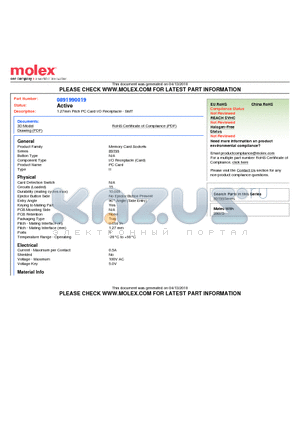 0891990019 datasheet - 1.27mm Pitch PC Card I/O Receptacle - SMT