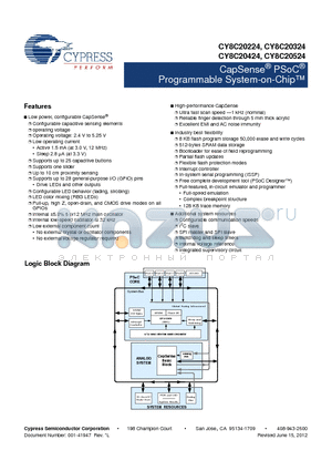 CY8C20224-12LKXIT datasheet - CapSense^ PSoC^ Programmable System-on-Chip