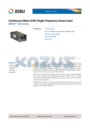 142H-532-100SF datasheet - Continuous Wave (CW) Single Frequency Green Laser