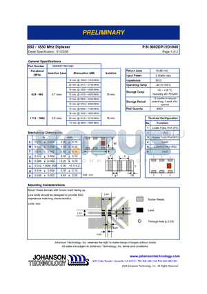 0892DP15D1940 datasheet - 892 / 1850 MHz Diplexer