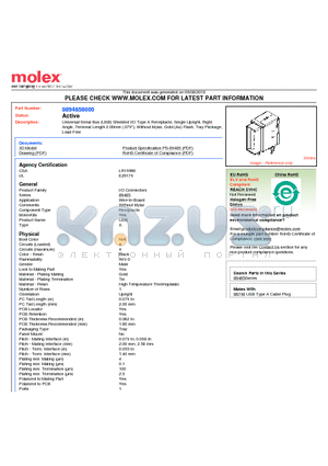 0894858000 datasheet - Universal Serial Bus (USB) Shielded I/O Type A Receptacle, Single Upright, Right Angle, Terminal Length 2.00mm (.079), Without Mylar, Gold (Au) Flash, Tray Package