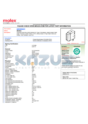 0894858201 datasheet - Universal Serial Bus (USB) Shielded I/O Type A Receptacle, Single Upright, Right Angle, Terminal Length 2.00mm (.079), Without Mylar, 0.76lm (30l) Gold (Au) Plating