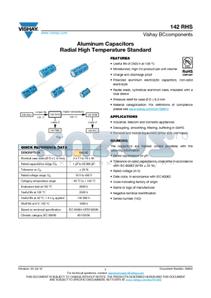 142RHS datasheet - Aluminum Capacitors Radial High Temperature Standard