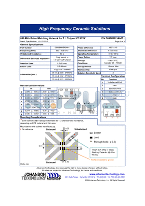 0896BM15A0001 datasheet - 896 MHz Balun/Matching Network for T.I. Chipset CC11XX
