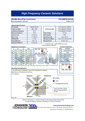 0896FB15A0100 datasheet - 896 MHz Balun/Filer Combination