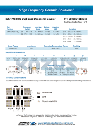 0898CD15B1748 datasheet - 890/1748 MHz Dual Band Directional Coupler