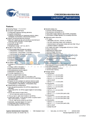 CY8C20436A-24LQXI datasheet - CapSense Applications Operating Range: 1.71 V to 5.5 V