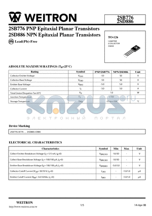 2SD886 datasheet - 2SB776 PNP Epitaxial Planar Transistors, 2SD886 NPN Epitaxial Planar Transistors