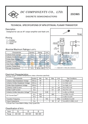 2SD965 datasheet - TECHNICAL SPECIFICATIONS OF NPN EPITAXIAL PLANAR TRANSISTOR