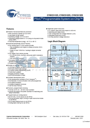 CY8C21123 datasheet - PSoC Programmable System-on-Chip Low power at high speed