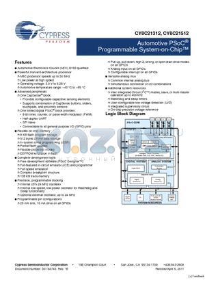 CY8C21312 datasheet - Automotive PSoC^ Programmable System-on-Chip