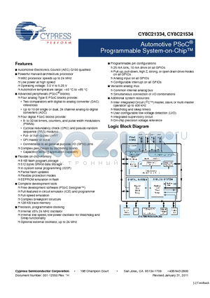CY8C21334 datasheet - Automotive PSoC^ Programmable System-on-Chip