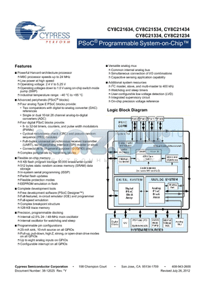 CY8C21334-24PVXIT datasheet - PSoC^ Programmable System-on-Chip