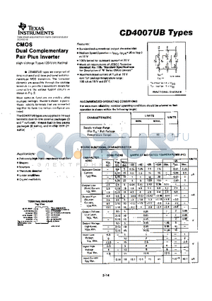 CD4007UB datasheet - DUAL COMPLEMENTARY PAIR PLUS INVERTER