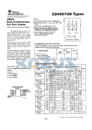 CD4007UBF3A116 datasheet - CMOS DUAL COMPLEMENTARY PAIR PLUS INVERTER