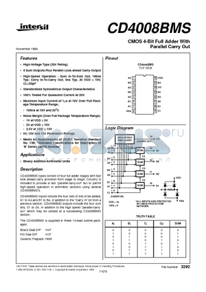 CD4008 datasheet - CMOS 4-Bit Full Adder With Parallel Carry Out