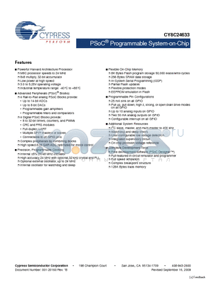 CY8C24033-24PVXI datasheet - PSoC Programmable System-on-Chip