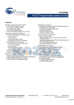 CY8C24033-24PVXI datasheet - PSoC^ Programmable System-on-Chip
