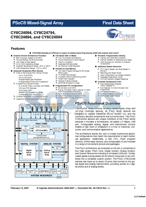 CY8C24094-24LFXI datasheet - PSoC^ Mixed-Signal Array