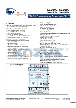 CY8C24094-24BVXI datasheet - PSoC^ Programmable System-on-Chip