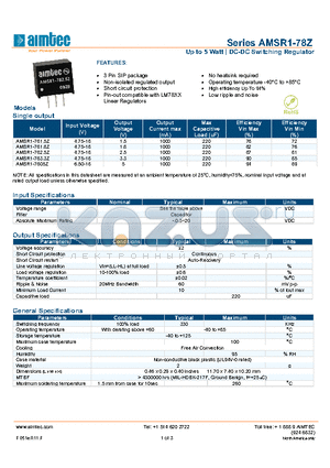 AMSR1-78Z_13 datasheet - Up to 5 Watt | DC-DC Switching Regulator