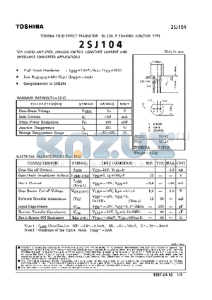 2SJ104 datasheet - P CHANNEL JUNCTION TYPE (FOR AUDIO AMPLIFIER, ANALOG SWITCH, CONSTANT CURRENT AND IMPEDANCE CONVERTER APPLICATIONS)