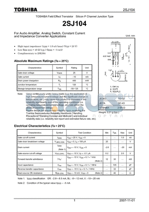 2SJ104 datasheet - For Audio Amplifier, Analog Switch, Constant Current and Impedance Converter Applications