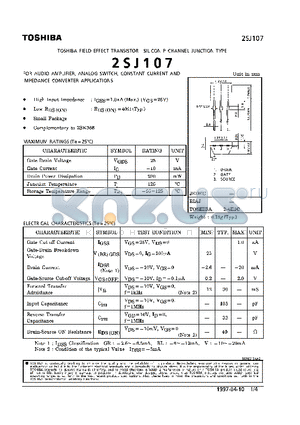 2SJ107 datasheet - P CHANNEL JUNCTION TYPE (FOR AUDIO AMPLIFIER, ANALOG SWITCH, CONSTANT CURRENT AND IMPEDANCE CONVERTER APPLICATIONS)