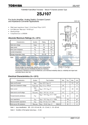 2SJ107 datasheet - For Audio Amplifier, Analog Switch, Constant Current and Impedance Converter Applications