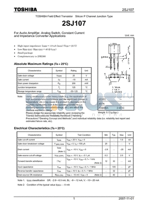 2SJ107_07 datasheet - For Audio Amplifier, Analog Switch, Constant Current and Impedance Converter Applications