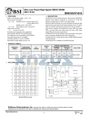 BH616UV1610 datasheet - Ultra Low Power/High Speed CMOS SRAM