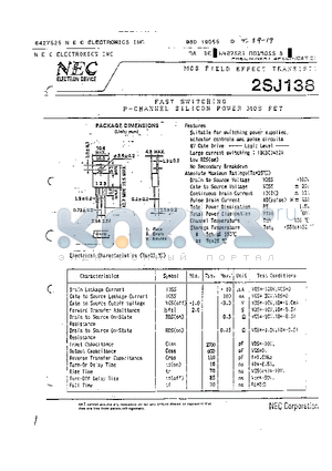 2SJ138 datasheet - FAST SWITCHING P CHANNEL SILICON POWER MOS FET