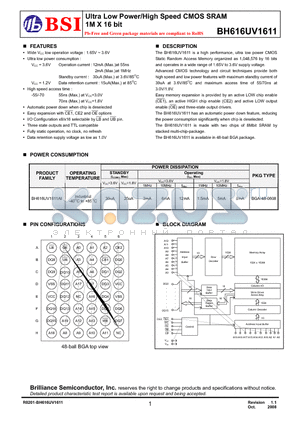 BH616UV1611 datasheet - Ultra Low Power/High Speed CMOS SRAM 1M X 16 bit