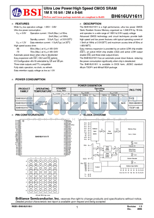 BH616UV1611BI70 datasheet - Ultra Low Power/High Speed CMOS SRAM 1M X 16 bit / 2M x 8-bit