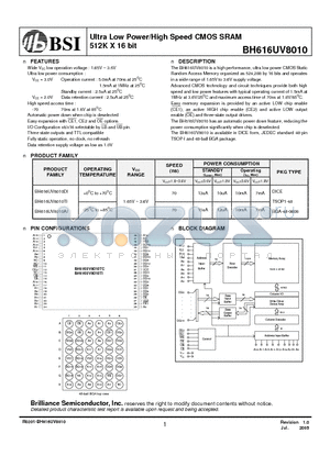BH616UV8010 datasheet - Ultra Low Power/High Speed CMOS SRAM 512K X 16 bit