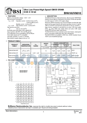 BH616UV8010AI datasheet - Ultra Low Power/High Speed CMOS SRAM 512K X 16 bit