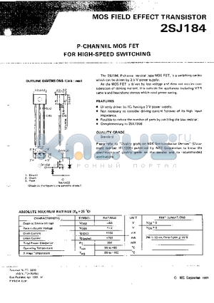 2SJ184 datasheet - P-CHANNEL MOS FET FOR HIGH SPEED SWITCHING