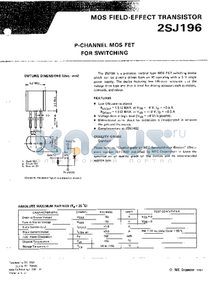 2SJ196 datasheet - P-CHANNEL MOS FET FOR SWITCHING