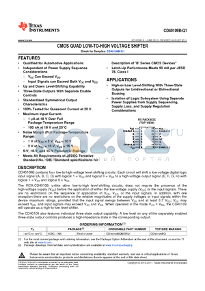 CD40109B-Q1 datasheet - CMOS QUAD LOW-TO-HIGH VOLTAGE SHIFTER