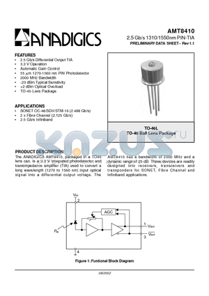 AMT8410T46L datasheet - 2.5 Gb/s 1310/1550nm PIN-TIA