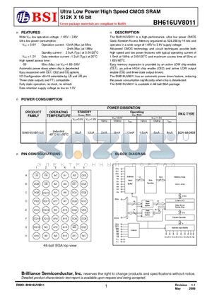 BH616UV8011 datasheet - Ultra Low Power/High Speed CMOS SRAM 512K X 16 bit