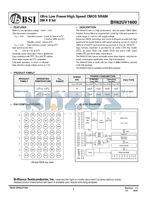 BH62UV1600 datasheet - Ultra Low Power/High Speed CMOS SRAM 2M X 8 bit