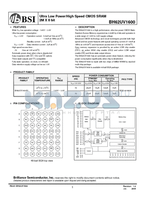 BH62UV1600AI datasheet - Ultra Low Power/High Speed CMOS SRAM 2M X 8 bit